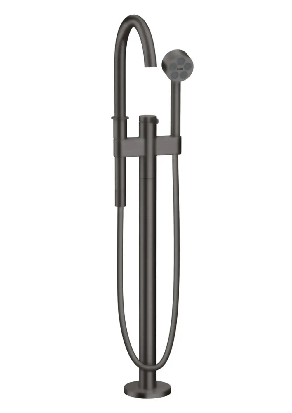 Bodenstehender Einhebel-Wannenmischer in Brushed Black Chrome von AXOR mit Handbrause und flexibler Schlauchführung.
